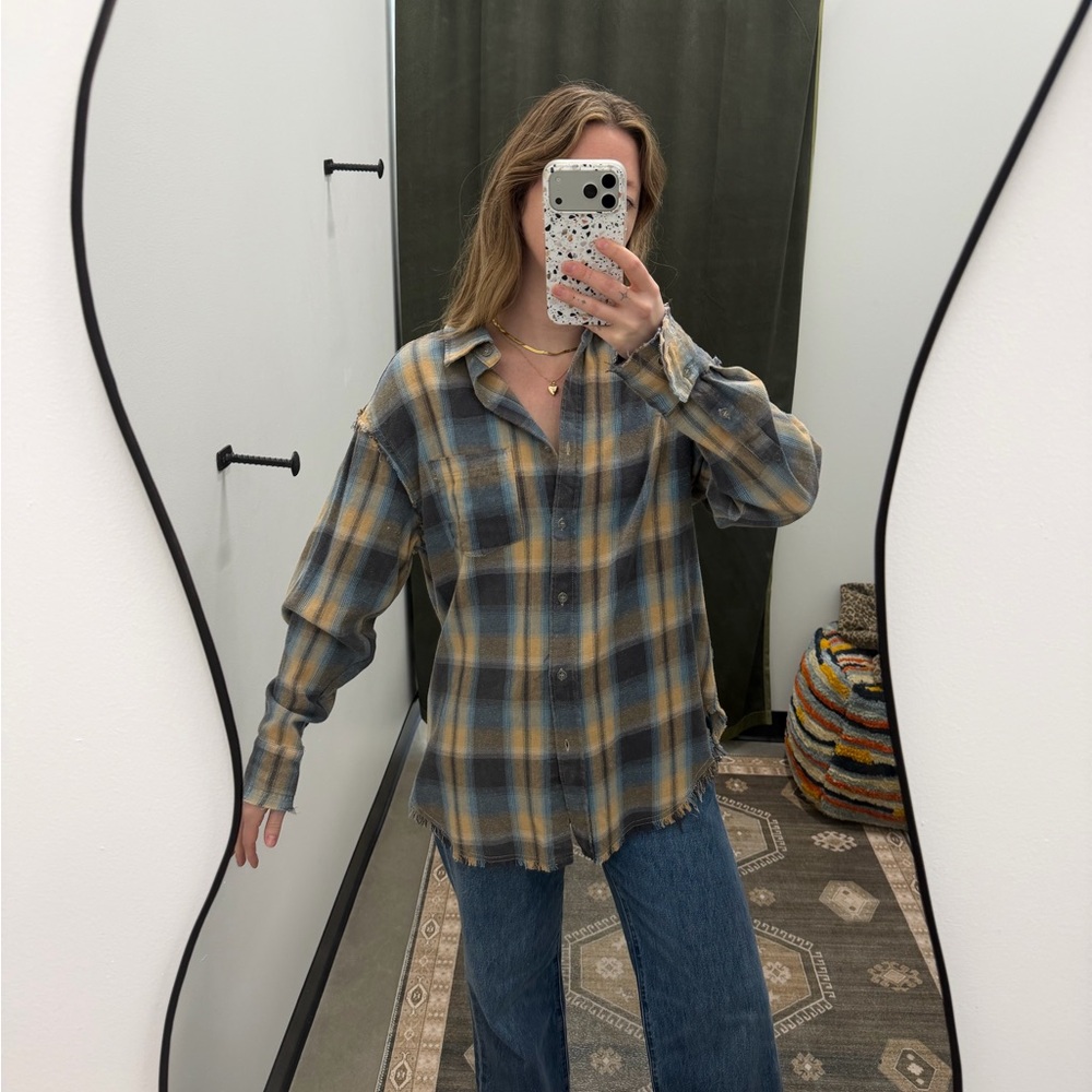 Emory Park Blue and Peach Plaid Flannel Shirt